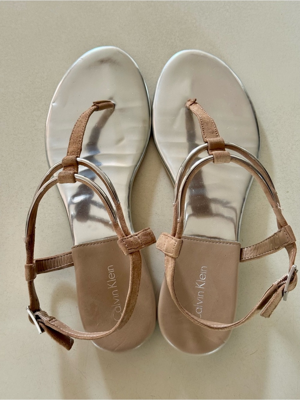 Calvin Klein Metallic Silver Footbed Taupe Strappy Sandals